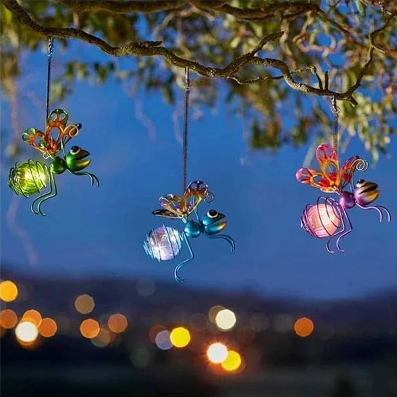 AF90-Statua di insetti in ferro solare con fata luminosa a LED ornamento per albero da appendere impermeabile per esterni per decorazioni artistiche da cortile