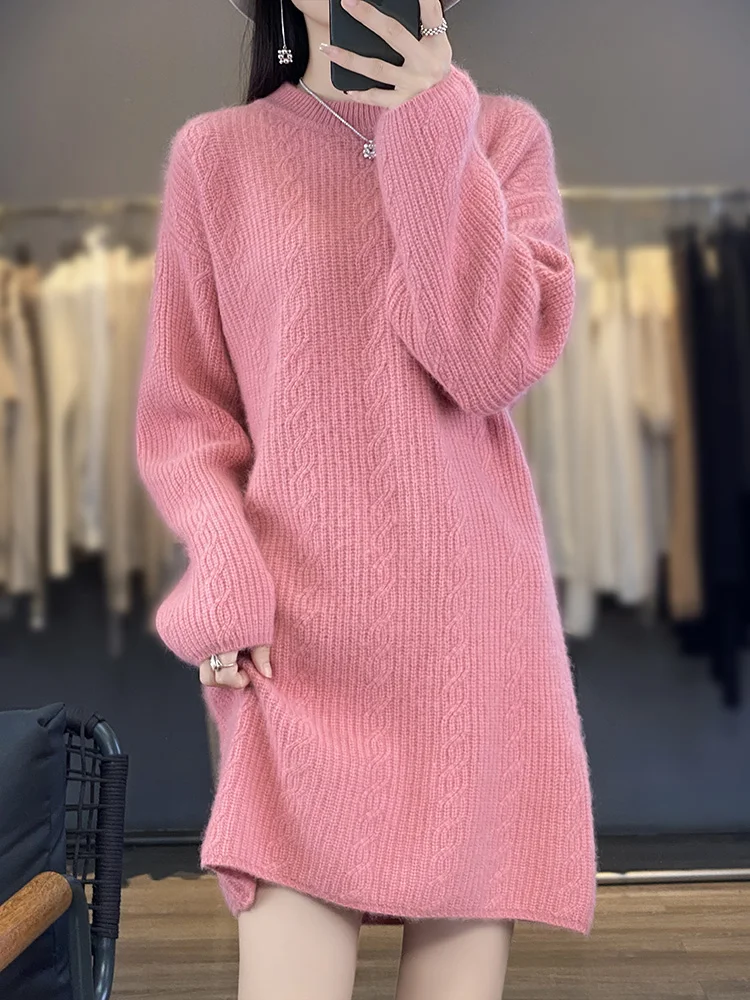 

Aliselec 100%Pure Mink Cashmere Dress for Women Round Neck Long Sleeved Soft Skirt Autumn Winter Solid Color Thick Warm Pullover