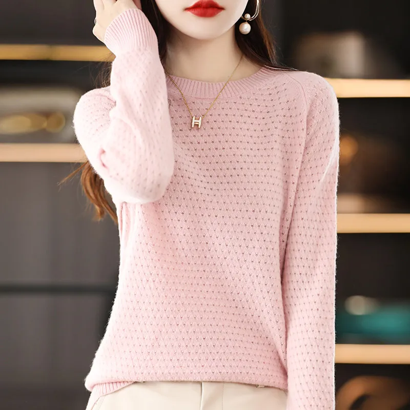 YSC2024 Women's Classic Pure Wool Seamless Round Neck Hollow Pullover Long Sleeve High Quality Warm Knitted Sweater