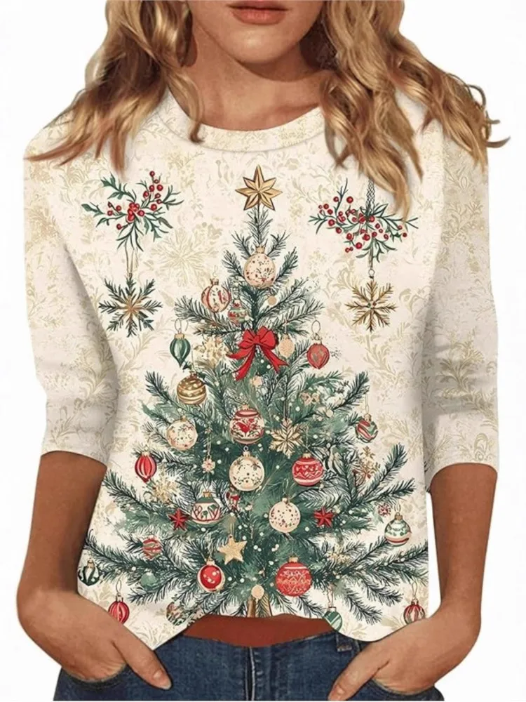 Women's Clothing Loose Casual T-shirt Christmas Pullover Round Neck Three-quarter Sleeves All-match Simple Style Comfortable