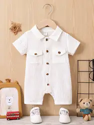 Summer Casual Comfort Soft Solid Color Simple Cotton Short Sleeve Romper Baby Girl Pocket Fashion Baby Boy Romper