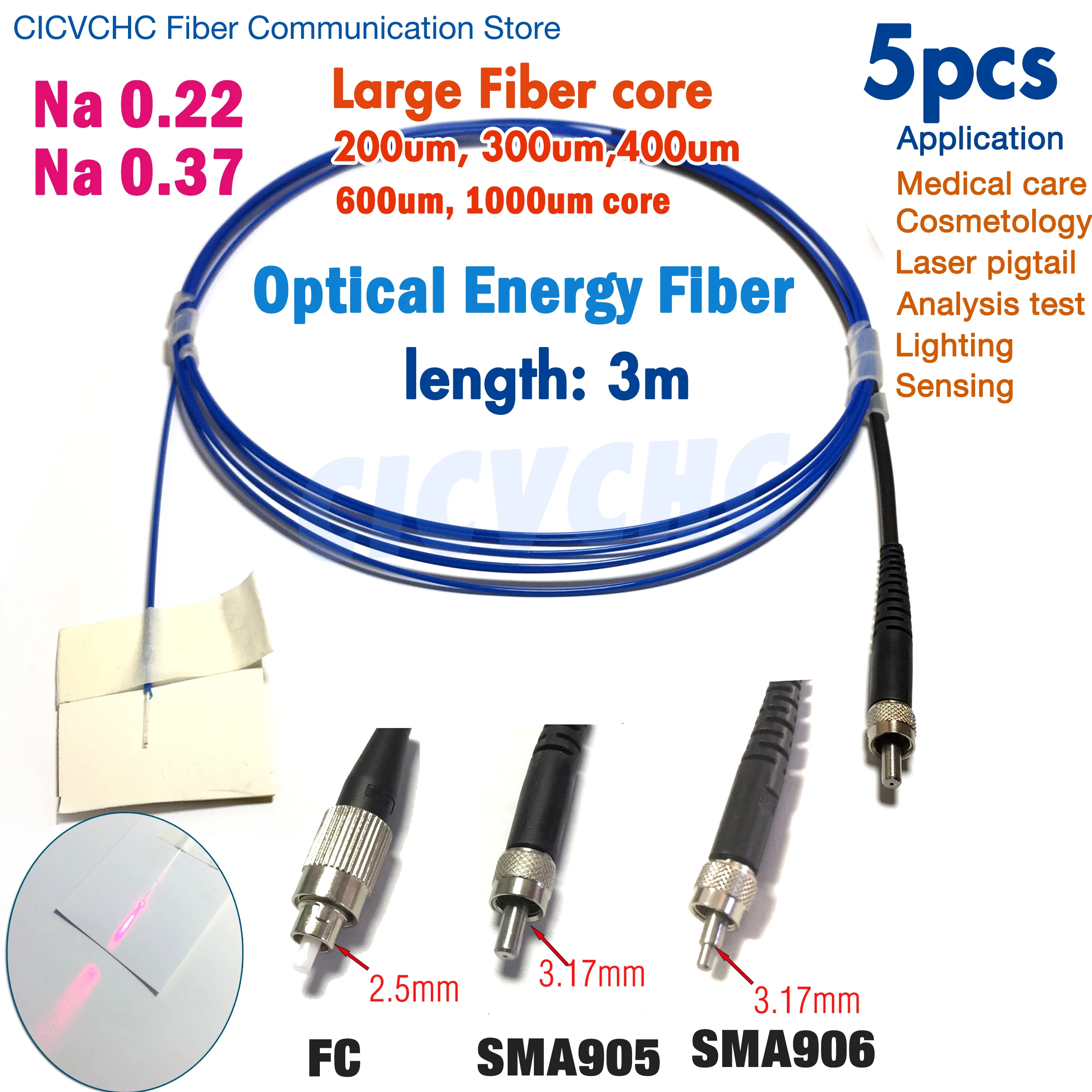 5pcs SMA905 SMA906 FC Energy Fiber Optic Pigtail with 200um, 300um, 400um, 600um, 1000um Large Core Na0.22 or Na0.37