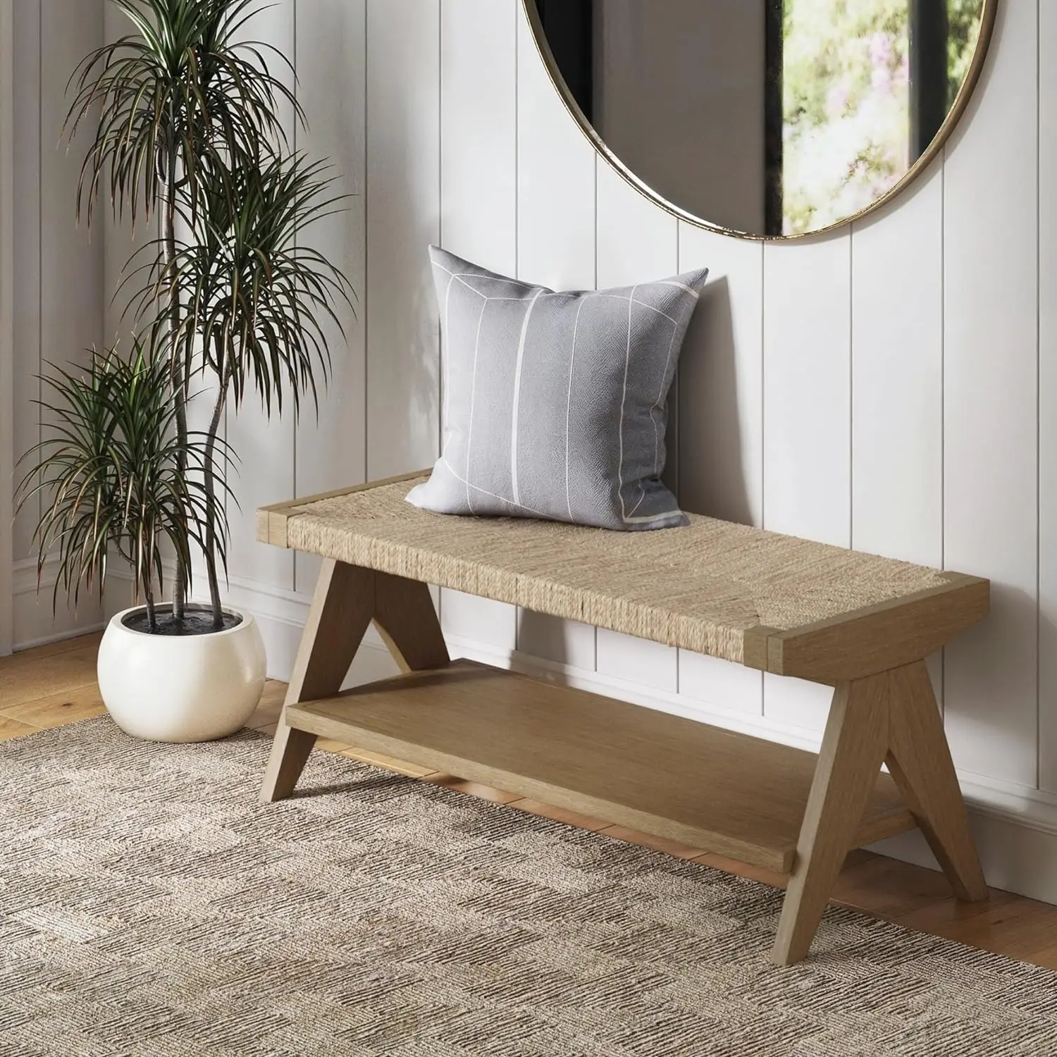 

Nathan James Beacon Mid-Century Wood Entryway Bench Seat, Brushed Light Brown/Seagrass