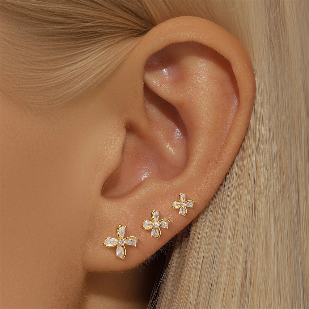 ROXI 925 Sterling Silver 6/7/8mm petals Piercing Earring Set 3 Pcs Flower Earrings For Women Windmill Party Wedding Jewelry