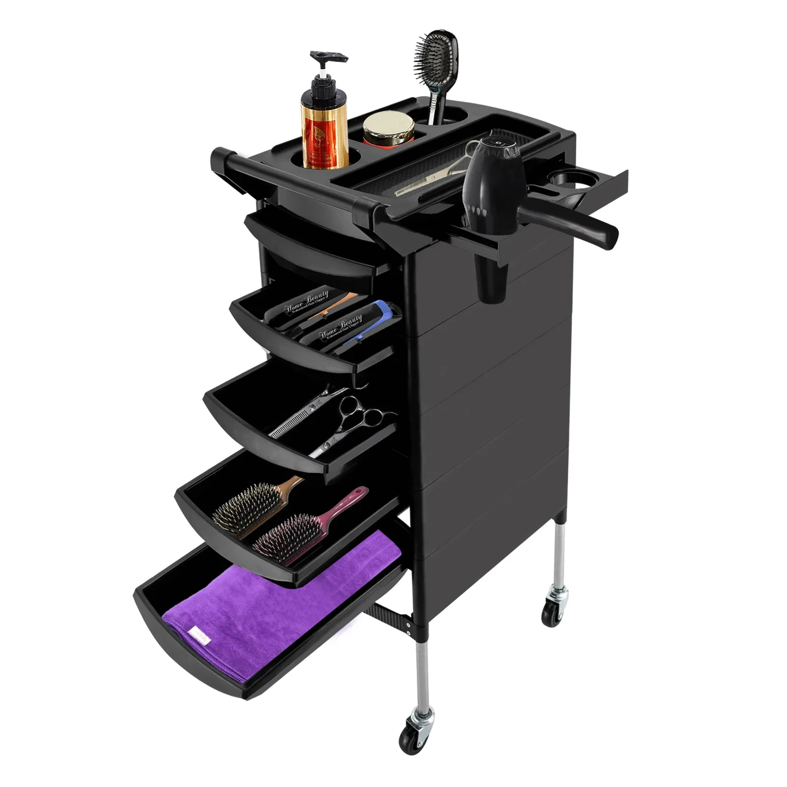 

Black Salon Trolley, Stainless Steel + ABS Trolley,with Handle and Rolling Wheels, 5 Drawers and 2 Hair Dryer Holder Side Tray