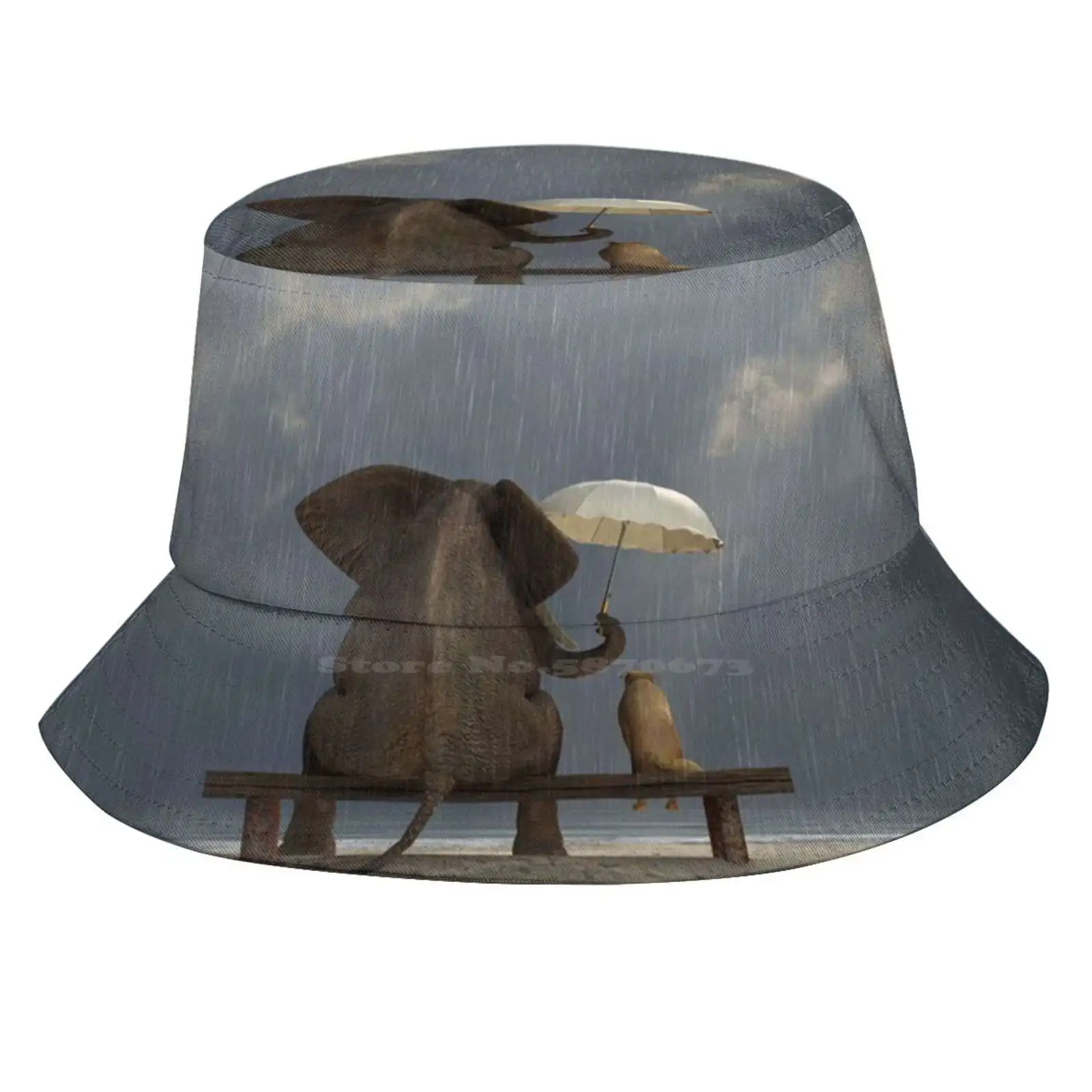 Elephant And Dog Sit Under The Rain Sun Cap Fisherman Hat Bucket Hats Animals Back Beach Bench Care Clouds Couple Dog Elephant