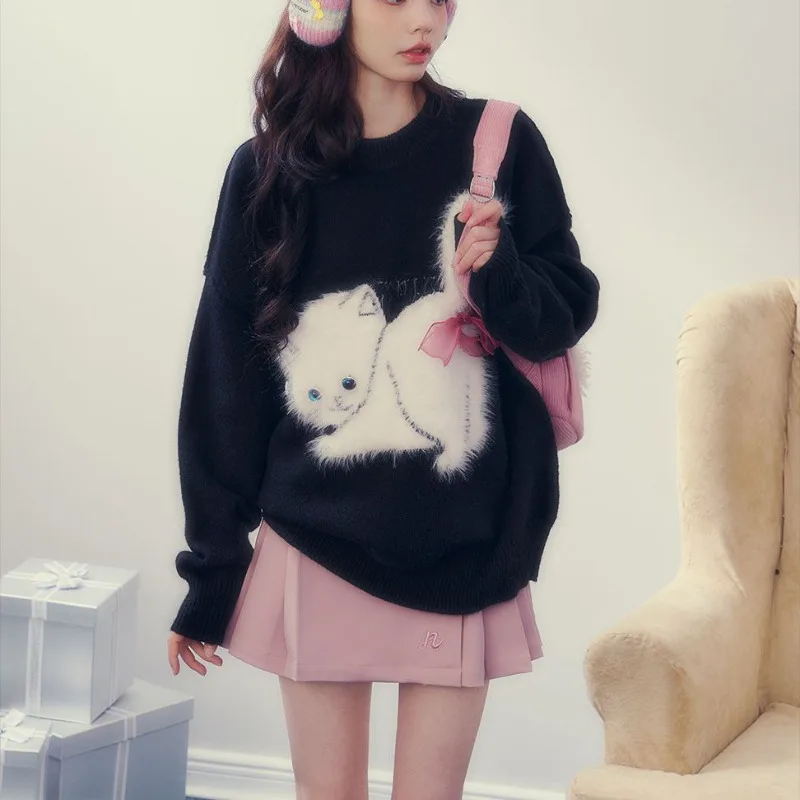 Sweet Bow Christmas Sweater Women Korean Round Neck Soft Glutinous Cat Cute Academy Loose College Winter Festival Lady Knitwear