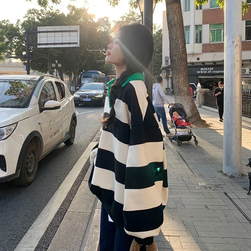 Sweatshirts Women Retro Patchwork Striped Ins Leisure Harajuku Spring New Arrival Cozy Simple Ropa Mujer Chic Streetwear Loose