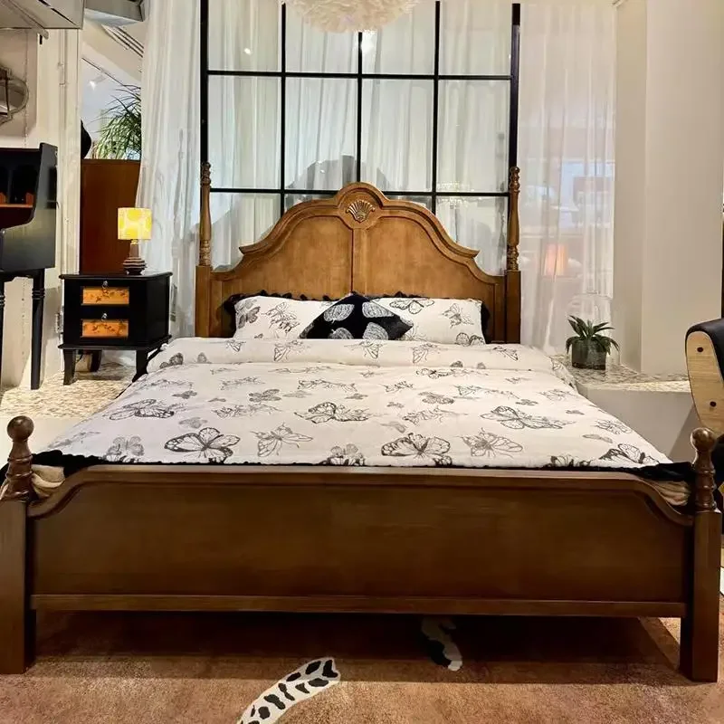 

Американская ретро-кровать из цельного дерева, французская антикварная двуспальная кровать принцессы длиной 1,8 метра, большая свадебная кровать в главной комнате