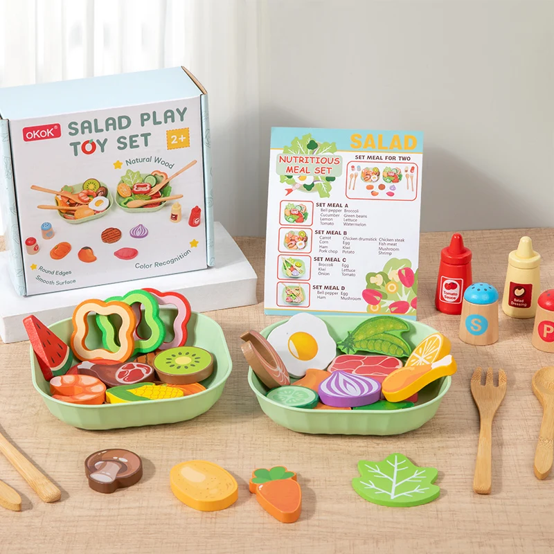 Juego de Juguetes de Madera para Simular Ensaladas, Accesorios de Comida de Simulación, Juego de Cocina para Niños de 2 Años, Regalo