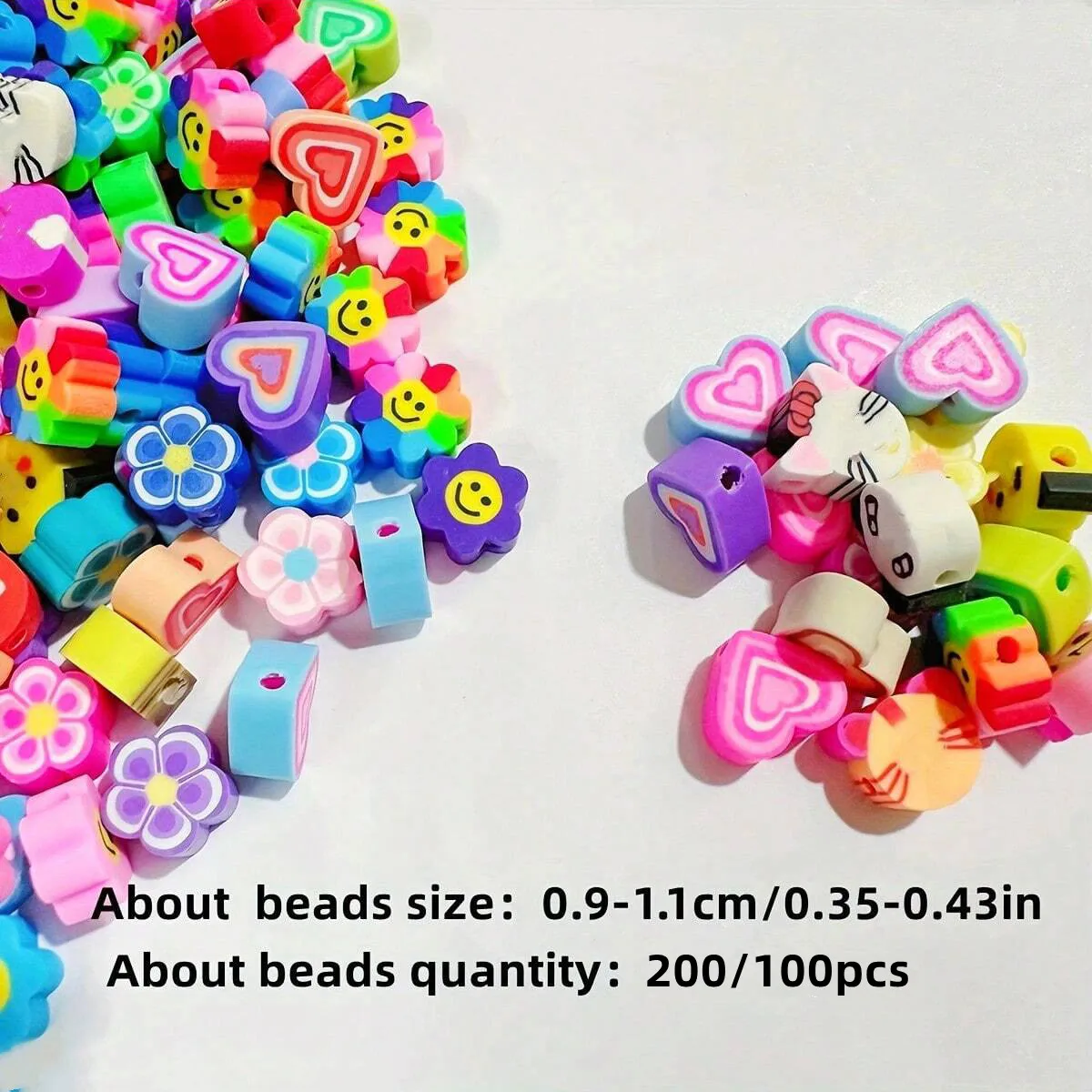 200/100pcs 9-11mm Random Style Vibrant Round Clay Beads - Assorted Animal, Heart & Flower Patterns for DIY Jewelry Making