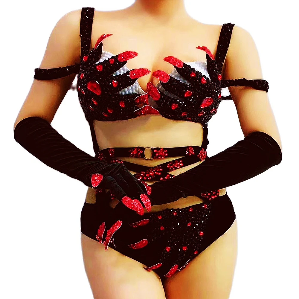 

New Hollow Out Sleeveless Halter Bodysuits Red Black Beaded Women Terrible Role Playing Costumes Nightclub Outfit