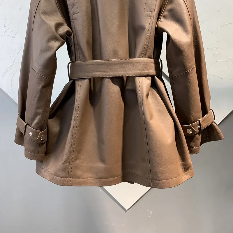 Genuine Sheepskin Leather Trench Coat for Women 2024 Spring Autumn Mid-length Real Leather Jacket Suit Collar Women's Clothing