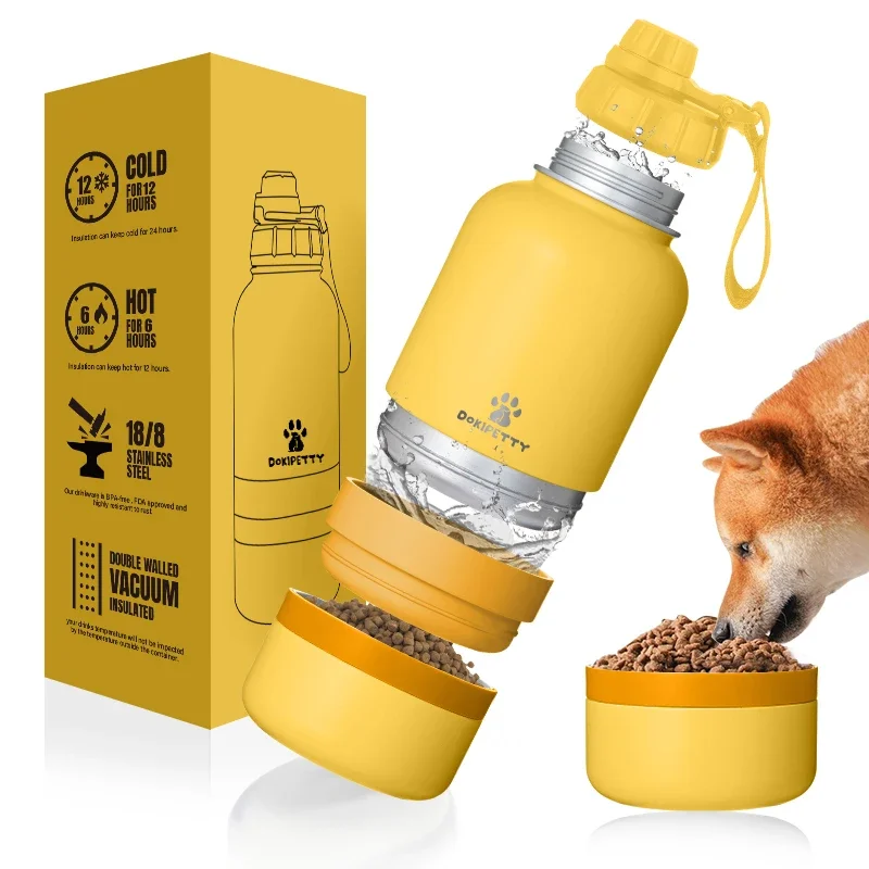 Everich Custom Logo 3 in 1 Portable Stainless Steel Pet Feeder Travel Dog Water Bottles With Food Container