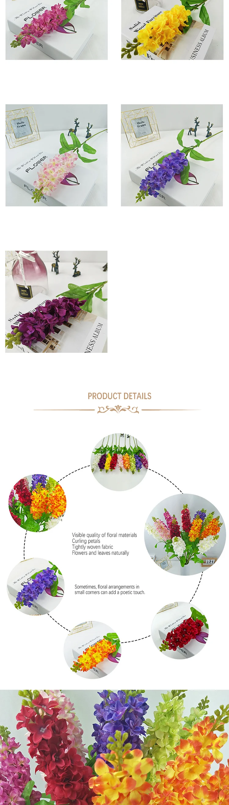 Künstlicher Hyazinthen-Violett-Blütenzweig mit Blättern, Seiden-Delphinium-Pflanze, Dekoration für Zuhause, Hochzeit, Tisch, Blumenarrangement, Ornament, Requisite – Detail 2