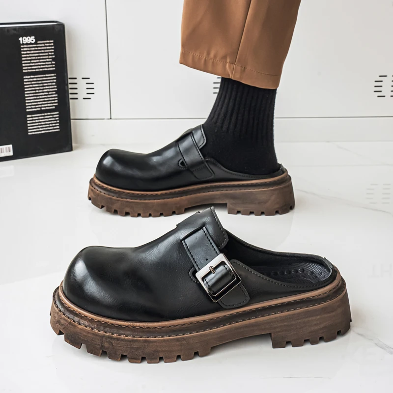 Thick Bottom Mules Men Half Shoes For Man Platform Leather Mens Semi-Drag Casual Shoes Backless Loafers Slippers Male Slides