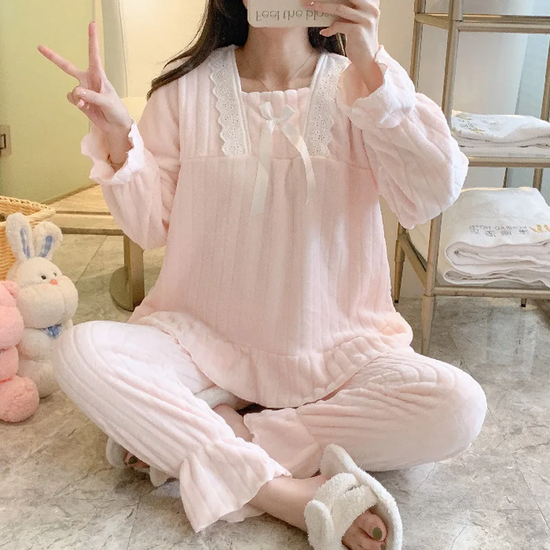 Flannel Women\'s Pajamas Sets Autumn Winter Sleepwear Solid Bow Velvet Warm Pyjama Ladies Pijama Mujer 2 Piece Pjs Homewear