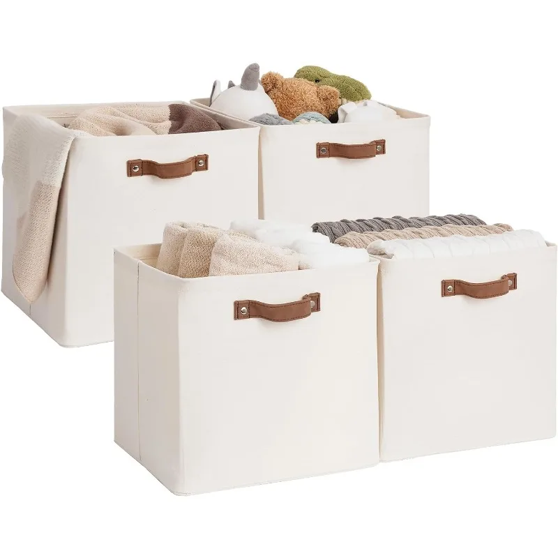 

StorageWorks 13x13 Storage Cubes, Collapsible Storage Bins Organizer for Closet, Fabric Storage Box with PU Handles,Beige,4-Pack