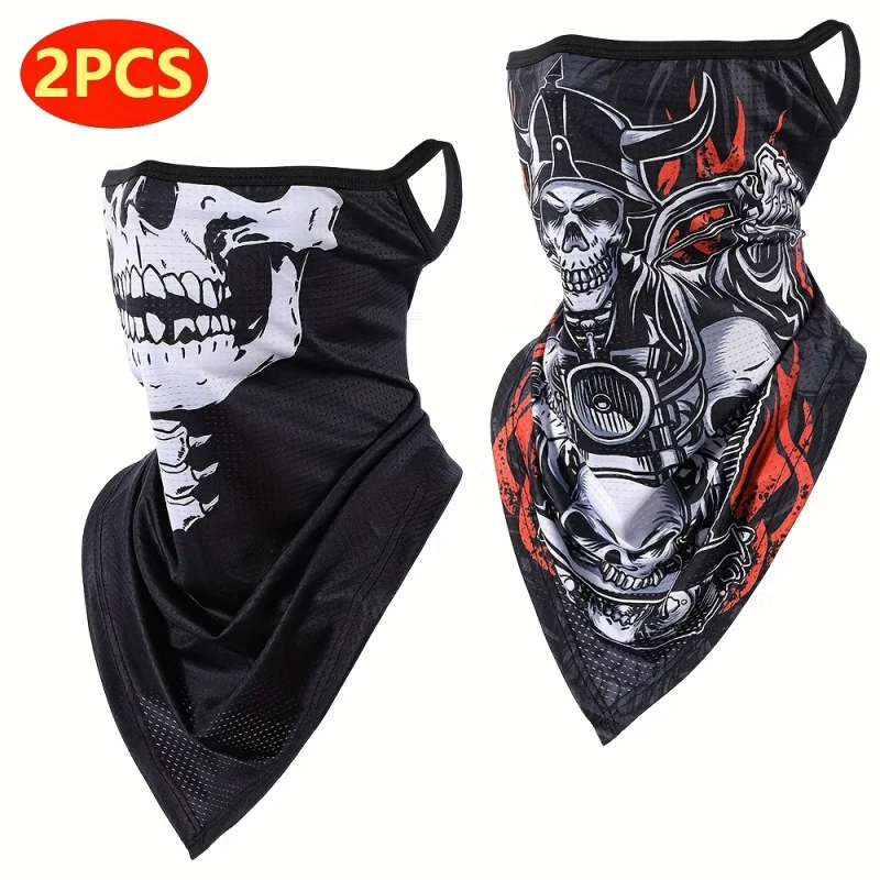 

2-Pack, Men's Gothic Mask and Neck Cover - Skull and Kanji Design, Breathable Mesh and Elastane, Lightweight for Riding, Running, Fishing, Halloween Costumes - Black/White/Red/Grey/Blue/Purple - Hand Washable