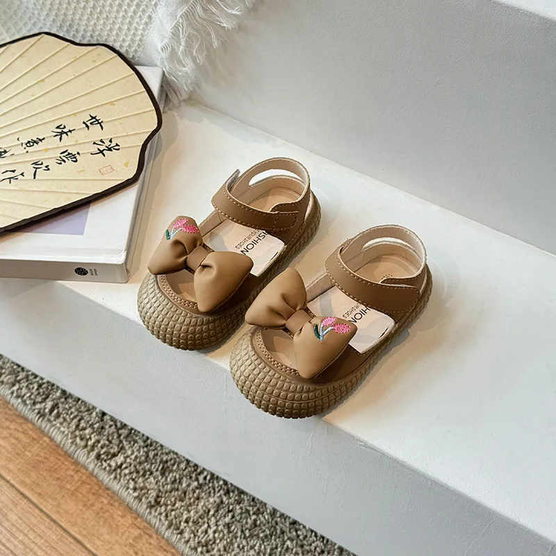 Summer Girl's Sandals Bowknot Leisure Khaki Beige Children Sliders Sporty Hollow-out Soft Sole Comfy Kids Flat Shoes 22-31