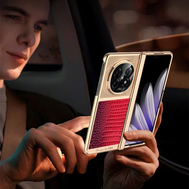 Genuine Cowhide Leather Diamond Glossy Plastic Case For OPPO Find N5 FindN5 Crocodile Grain Magnetic Flip Hinge Cover Glass Film