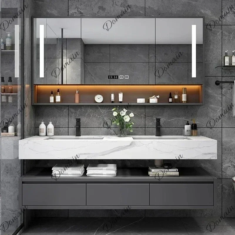 XY 180cmLight Luxury Panel Intelligent Bathroom Cabinet Meuble Rock Salle De Bain Wood Washbasin Double Basin Bathroom Cabinet H