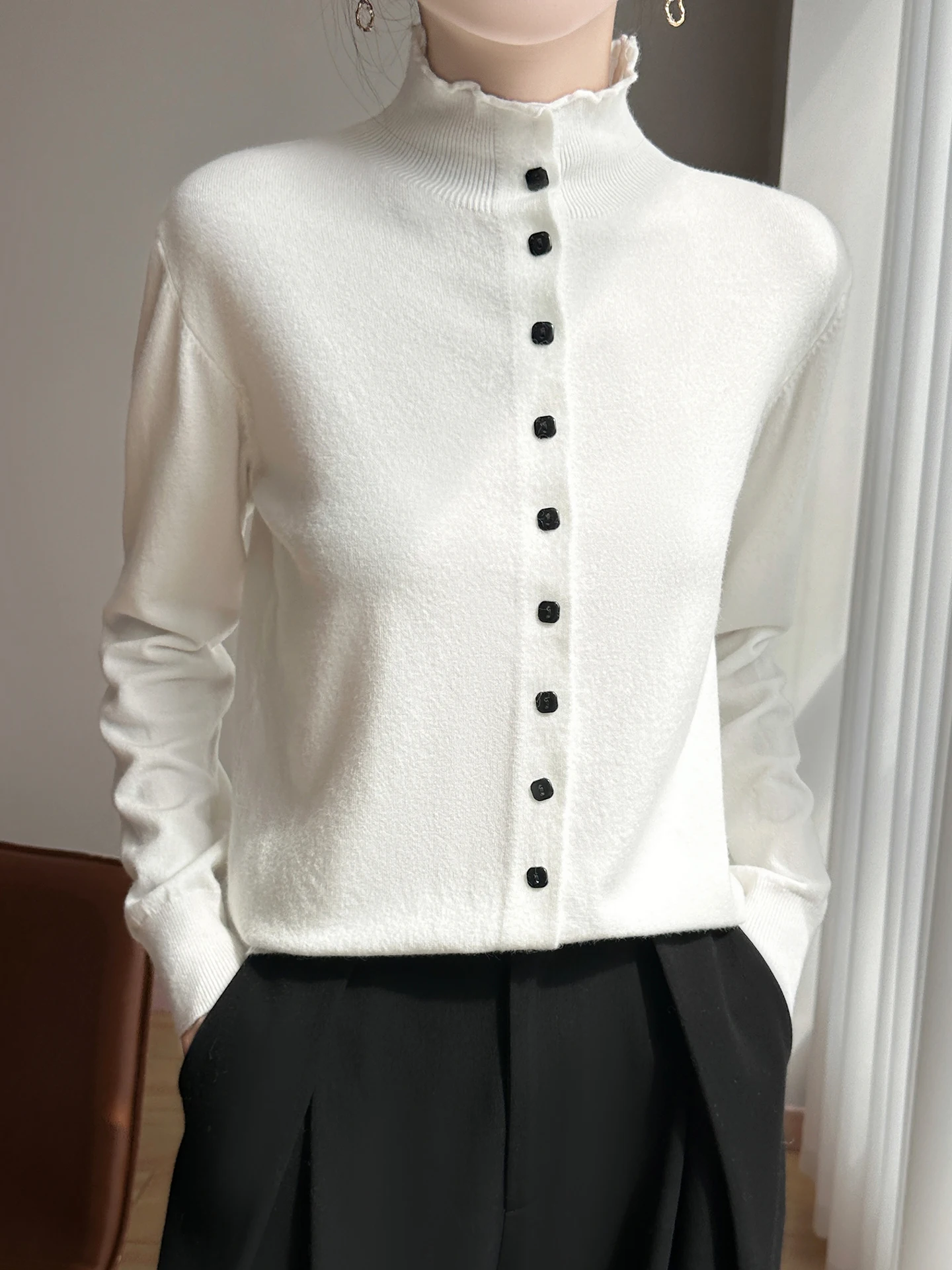 

Осень-зима, новый женский вязаный открытый кардиган, мягкий длинный свеч с высоким воротником, однотонный топ для похудения Faion