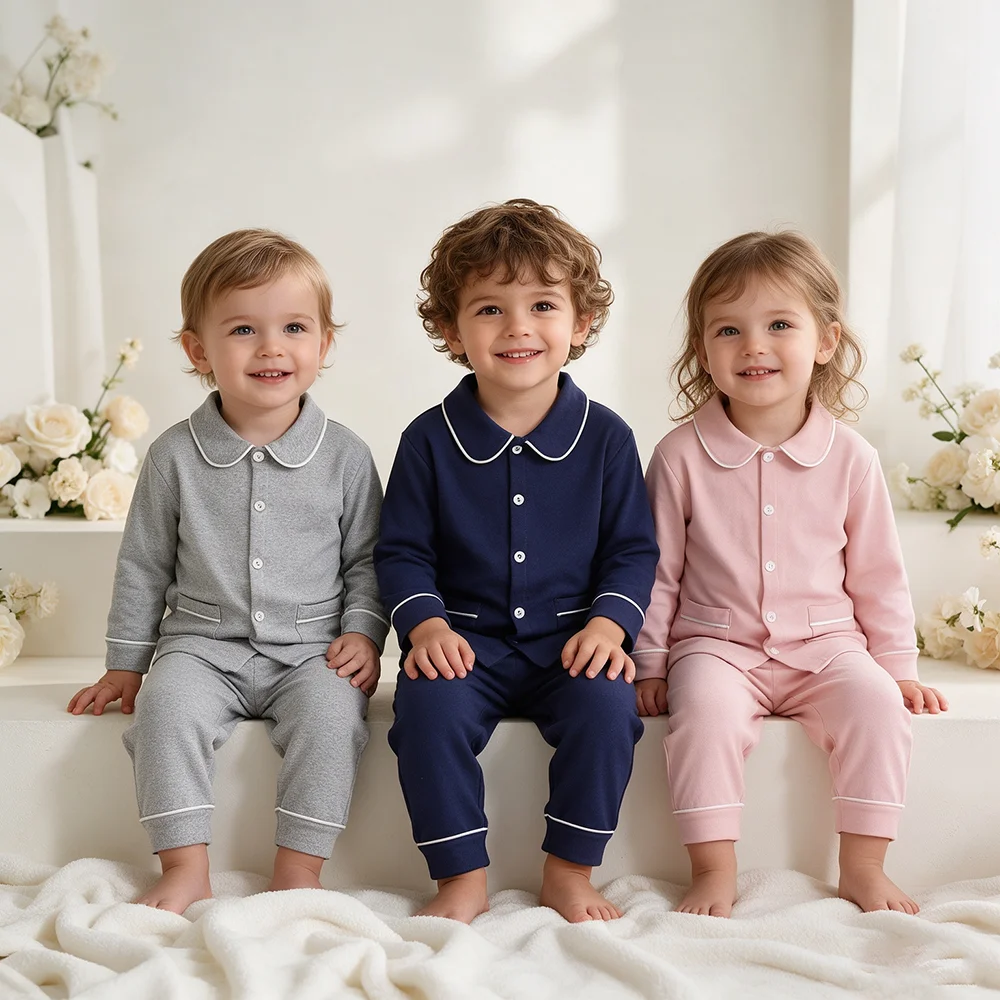 Children Pajamas Blank Kids PJ Set Long Sleeve Button-Up Spring Autumn Two-Piece Loungewear Cotton Kids Boys Girls Sleepwear