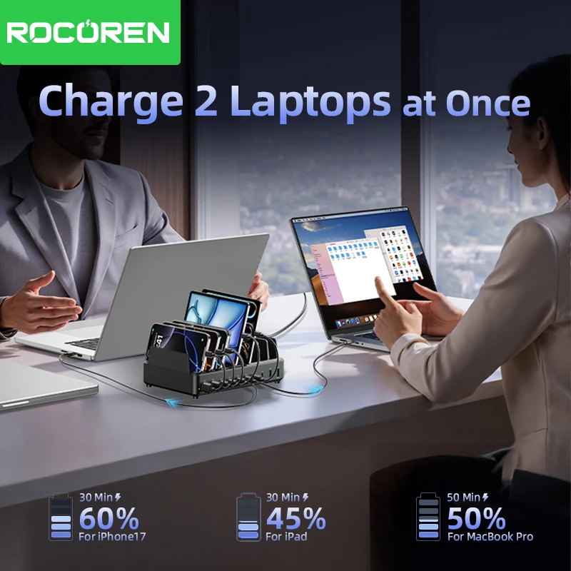 Ładowarka Rocoren 400W GaN, 6-portowa, szybka ładowarka USB typu C do użytku na biurku, przenośna stacja zasilania dla iPhone 17 Pro Max, Xiaomi 14 — zdjęcie produktu 3