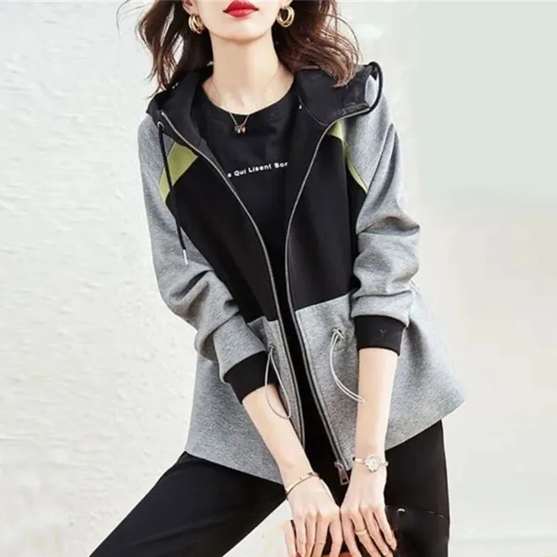 

Korean Women Hooded Sweatshirt Spring Autumn Female Zipper Sweatershirts Outerwear 2024 Ladies Loose Hoodies Blocking Coat