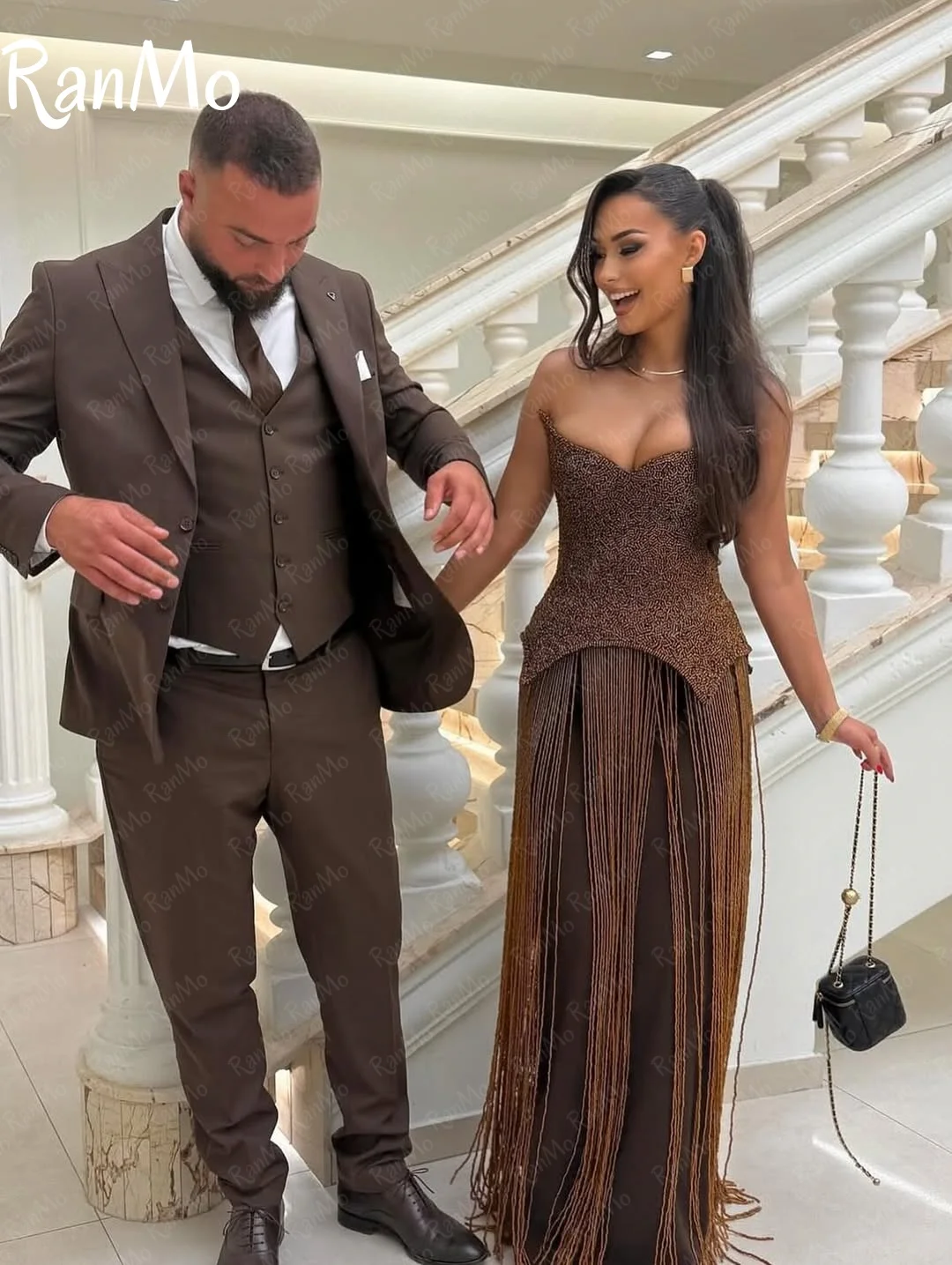 Ranmo 2025 Customized Sleeveless Prom Dresses Sweetheart Brown Beadings Scarf Tassels Floor Length Party Dresses فساتين