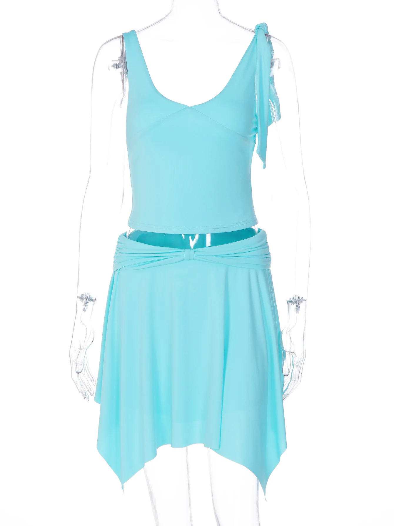 Mintgrünes U-Ausschnitt-Top mit Krawatte und Midi-Rock-Set, Dehnbares Figurbetontes Crop-Top mit Gedrehtem Unregelmäßigem Rock, Zweiteiliges Outfit – Detail 6