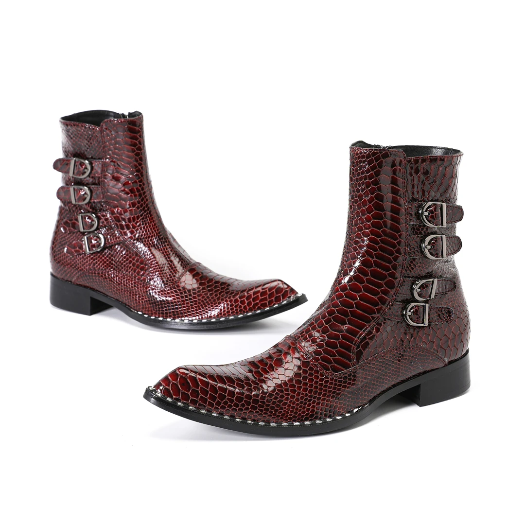 british pointed toe buckle strap motorcycle cowboy short boots for men large size night club party ankle boots male leather shoe