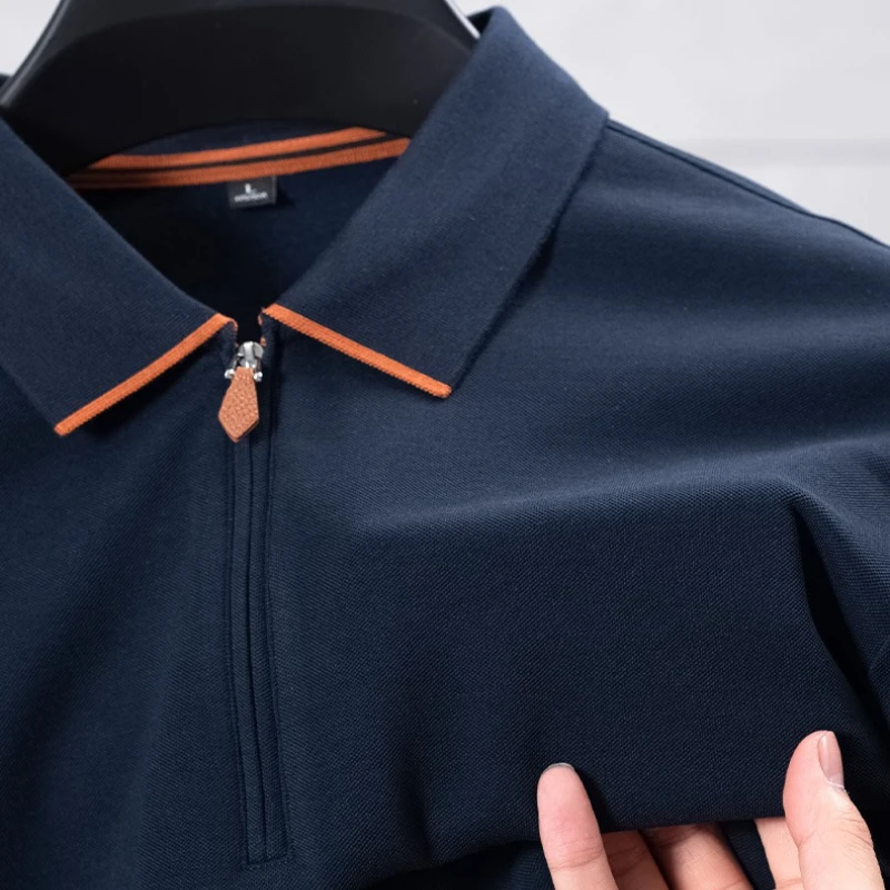 

Cotton Blend Zip-Up Polo Shirt - Navy Blue with Orange Trim Moisture-Wicking Athletic Style Business Casual Long-sleeved Shirt