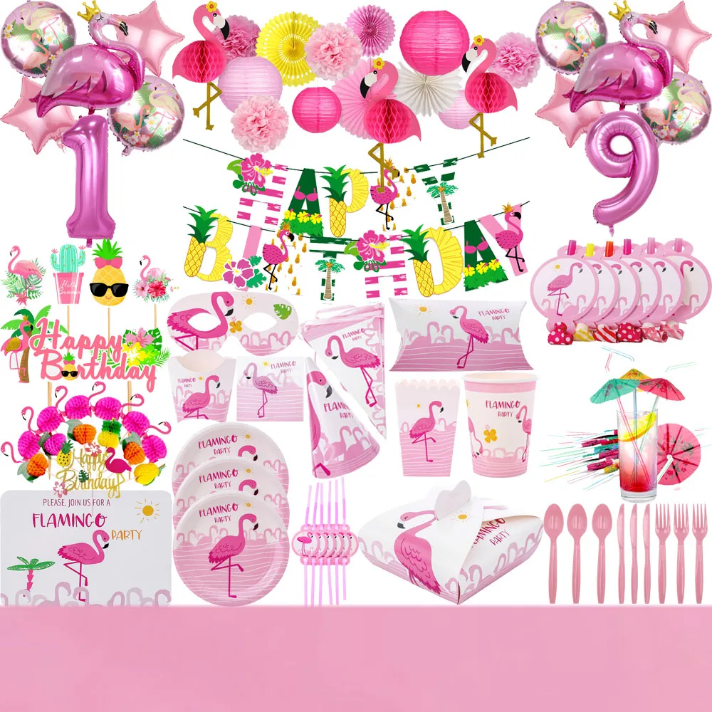 

Pink Flamingo Girls Birthday Party Decorations Disposable Tableware Paper Lanterns Cup Straw Foli Balloon For Kild Party Supplie