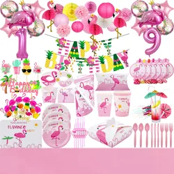 Decoraciones de fiesta de cumpleaños para niñas, vajilla desechable, faroles de papel, taza, Pajita, globo Foli para Kild, suministros de fiesta, flamenco rosa