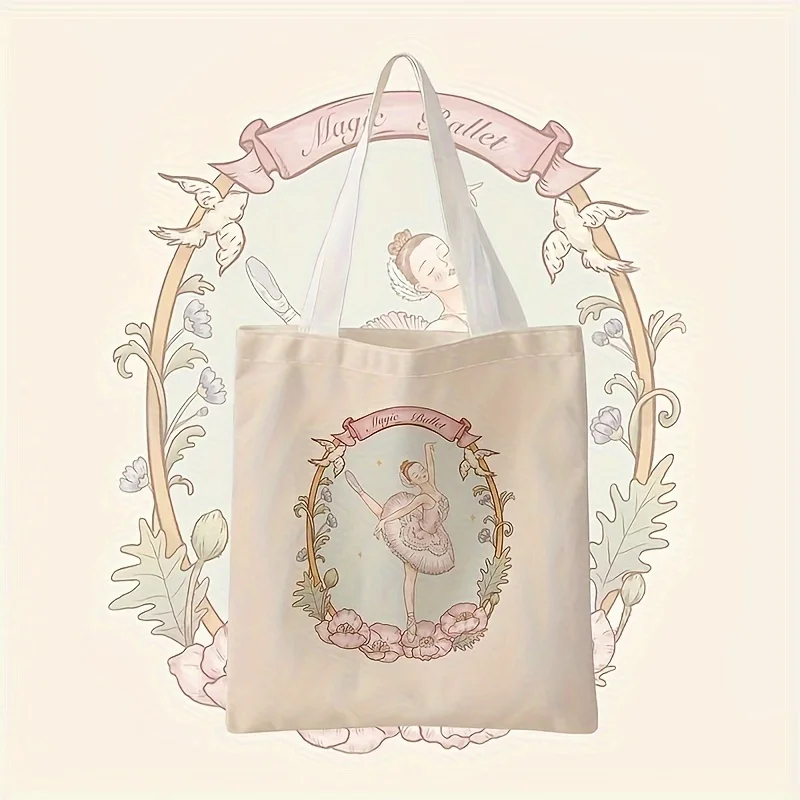 Women's Ballet Floral and Princess Print Handbag  Large Capacity Reusable Polyester Beach & Shopping Bag Reusable Grocery Bags