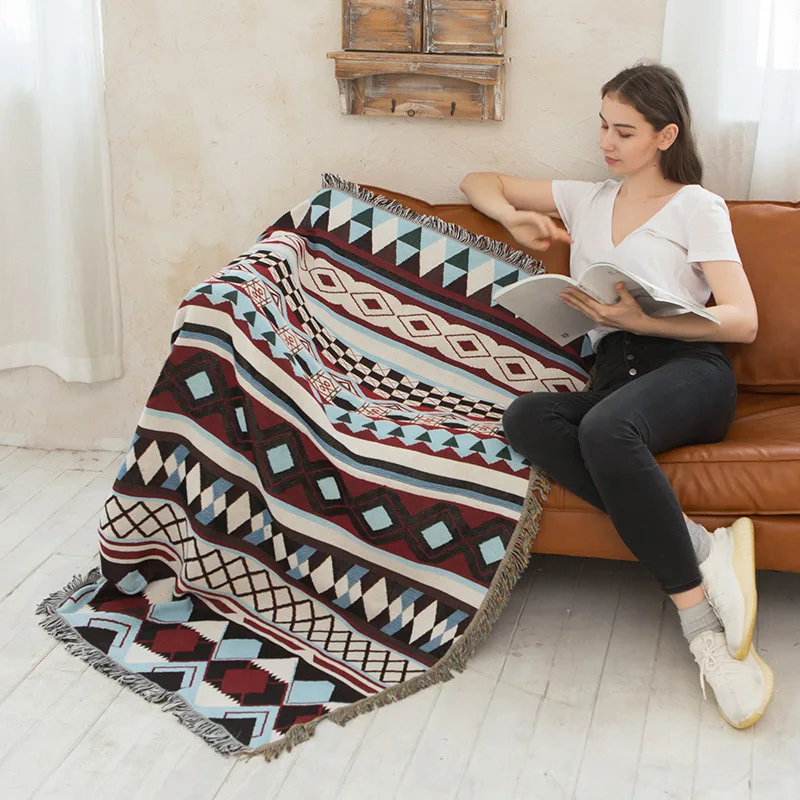 Outdoor Camping Tribal Rugs Blankets Indian Picnic Blanket Boho Decorative Bed Blankets Plaid Sofa Mats Travel Rug Tassels Linen