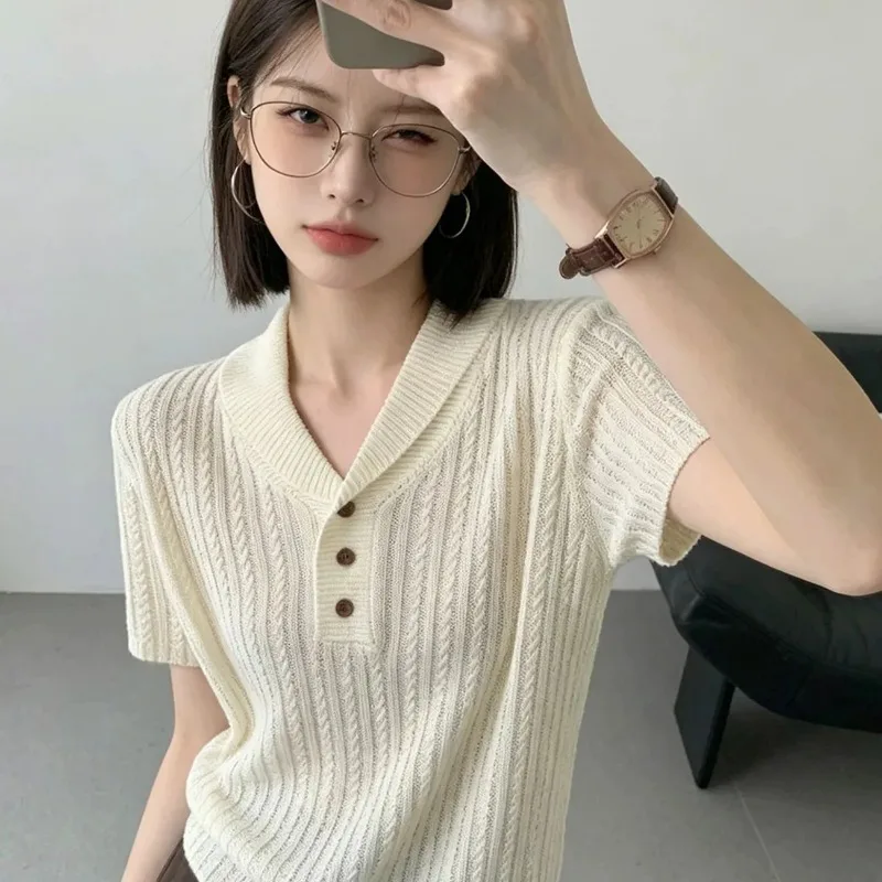 Old Money Style Women Cable Knit Polo Shirt Summer V Neck Lapel Short Sleeve Slim Knit Tee Daily Casual Top