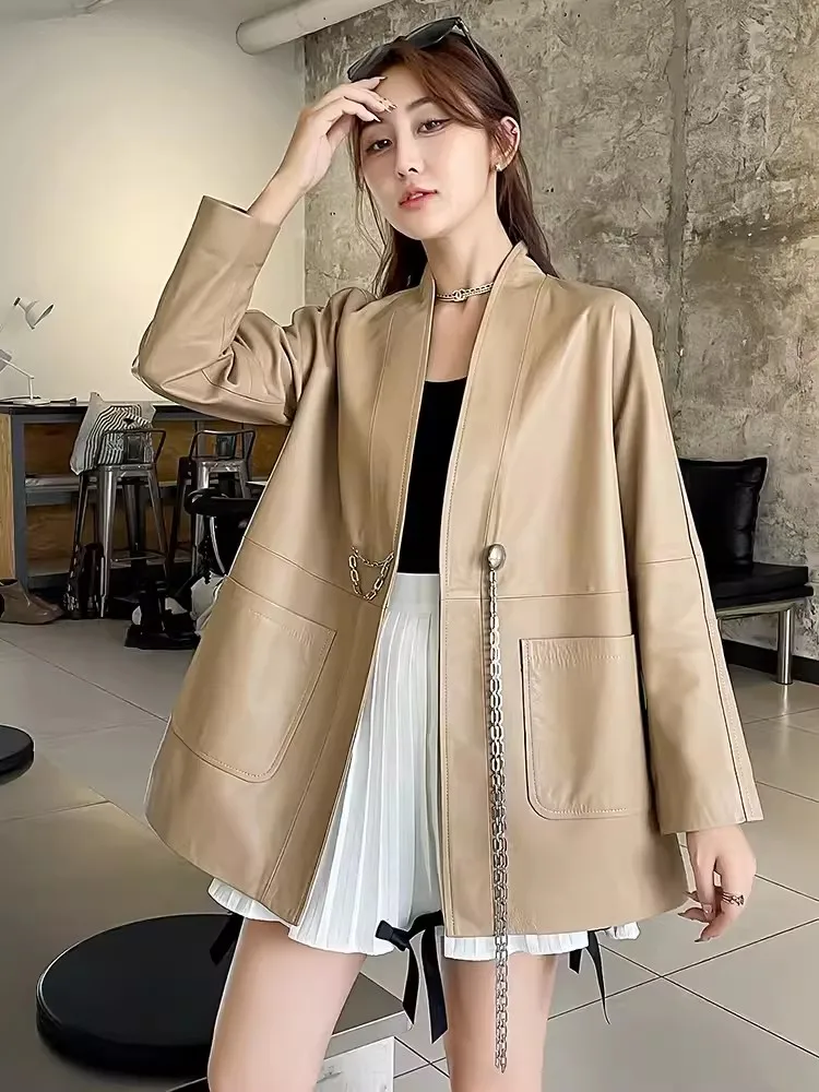 Fashion Women Chain Lace Up Stand Collar V Neck Sheepskin Genuine Leather Jacket Female Autumn Loose Fit Mid Long Trench Coat