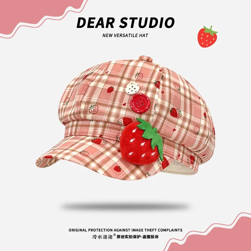 

Japanese Sweet Strawberry Plaid Octagonal Newsboy Cap Women's Spring and Summer Fashion Large Version Sunshade Painter Hat