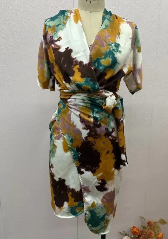 Women's Clothing V-neck High Waist Slim Fashion Tie Dye Printed Sheath Dress