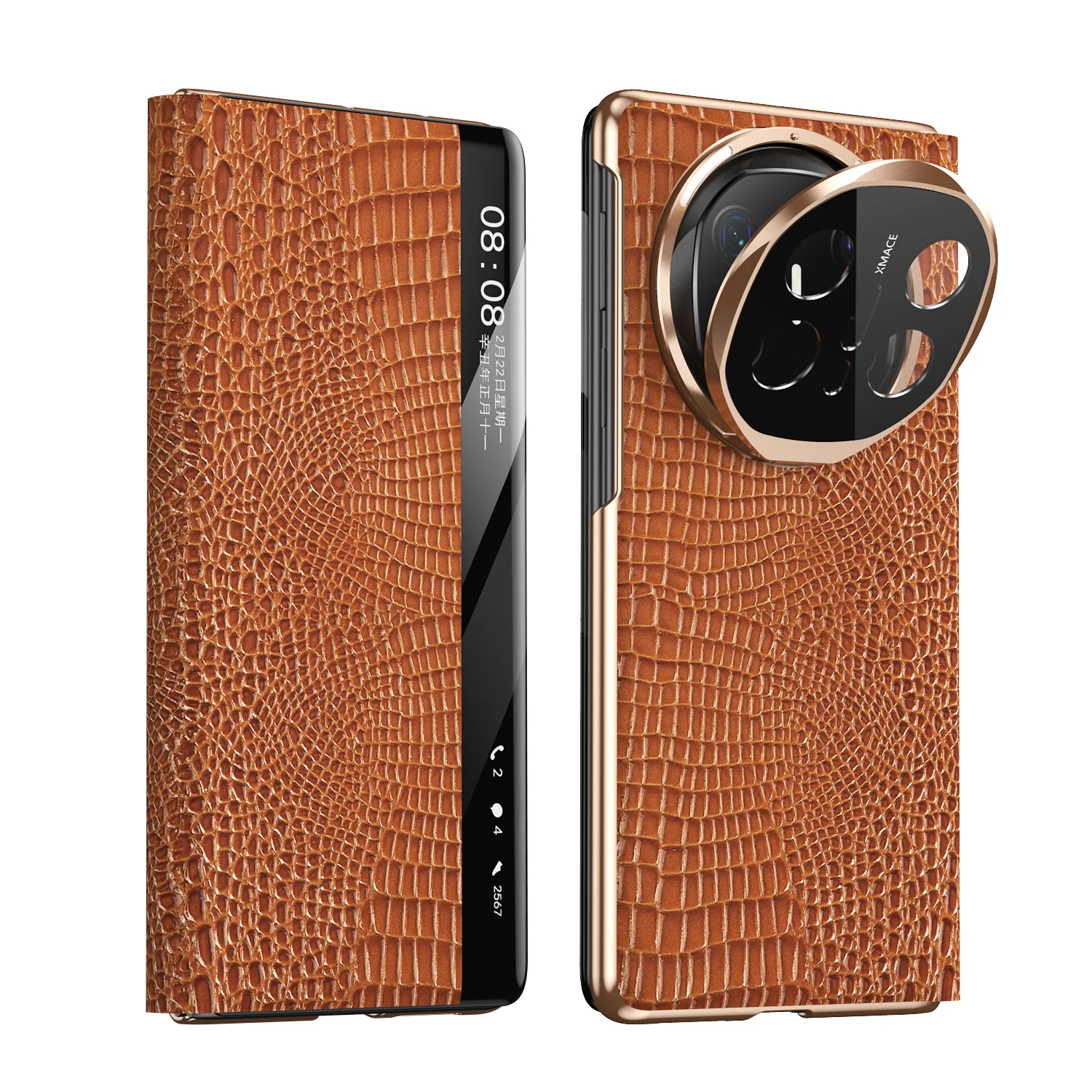 

Натуральная кожа с крокодиловым узором + чехол из ПК для Huawei Mate X6 X5 X3, кронштейн для объектива, противоударный чехол для телефона с умным окном