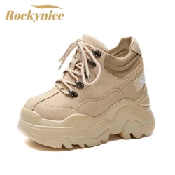 New Spring High Platform Boots 12CM High Heels Women Thick Sole Shoes Leather Wedge Chunky Sneaker Breathable Casual Ankle Boots