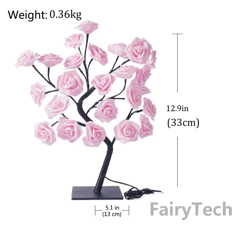 Lampe de Table à 24 LED en Forme d\'Arbre à Roses, Veilleuse USB, Luminaire Décoratif d\'Nik, Idéal pour une Chambre d\'Enfant ou comme Cadeau de Noël