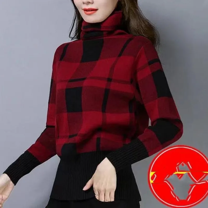 Women\'s Pullover Striped Plaid Knit Autumn and Winter Fashion High Neck Long Sleeved Patchwork Sweater Loose Office Lady Tops