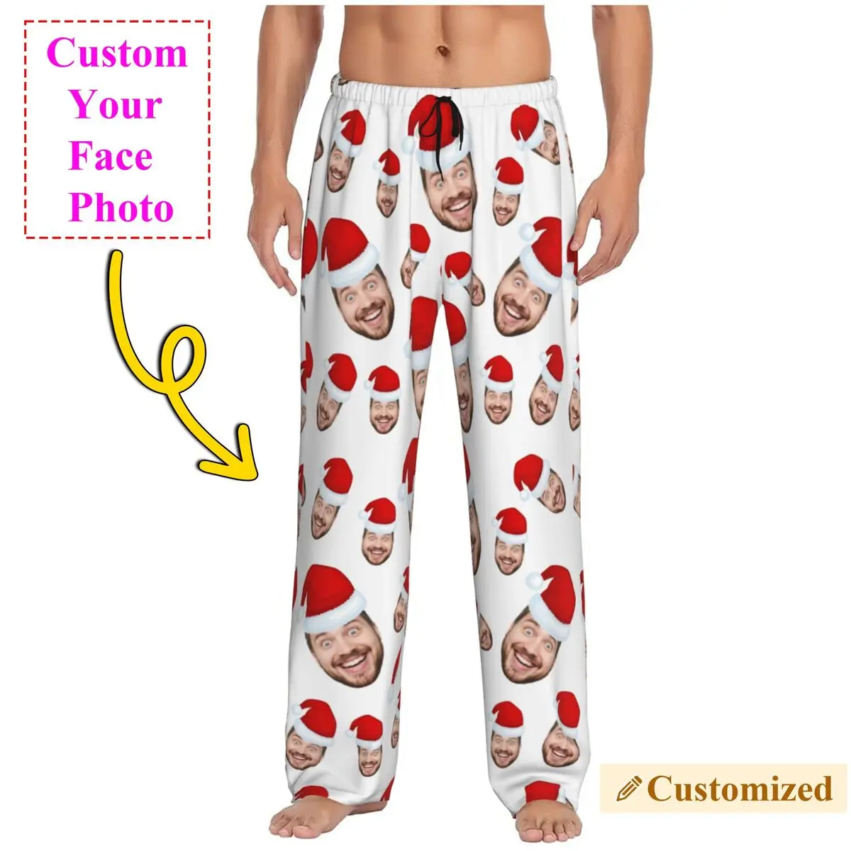 

Рождественское лицо фото персонализированные пижамные штаны на заказ для мужчин, эластичная одежда для сна для отдыха, низ с карманами