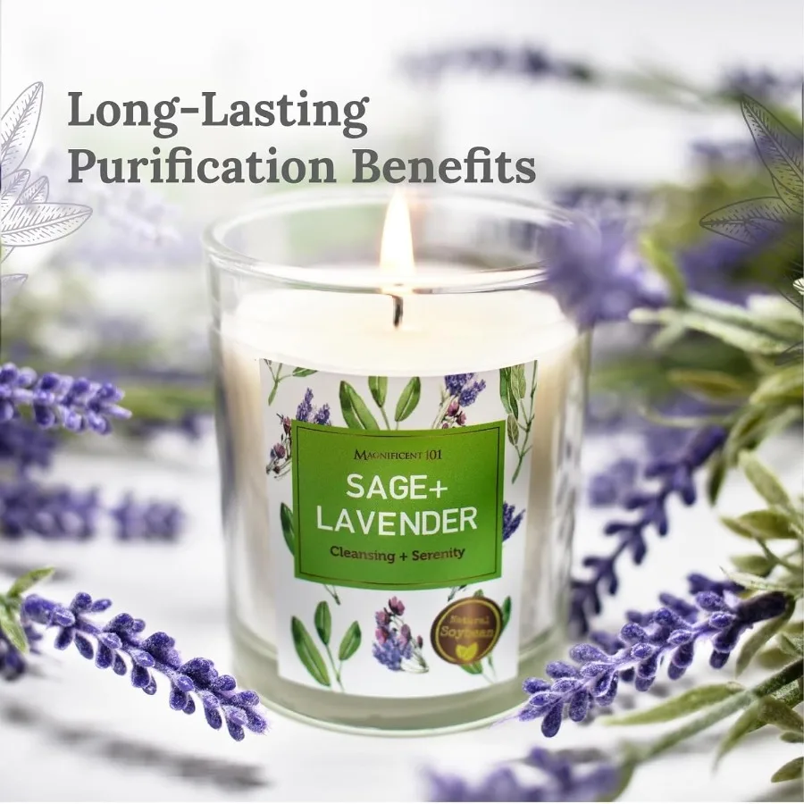 Soy Candle Set of 3 Pure Sage Lavender 3.5 oz Glass Jars 42Hour Burn Natural Aromatherapy Candles for Energy Cleansing Meditati