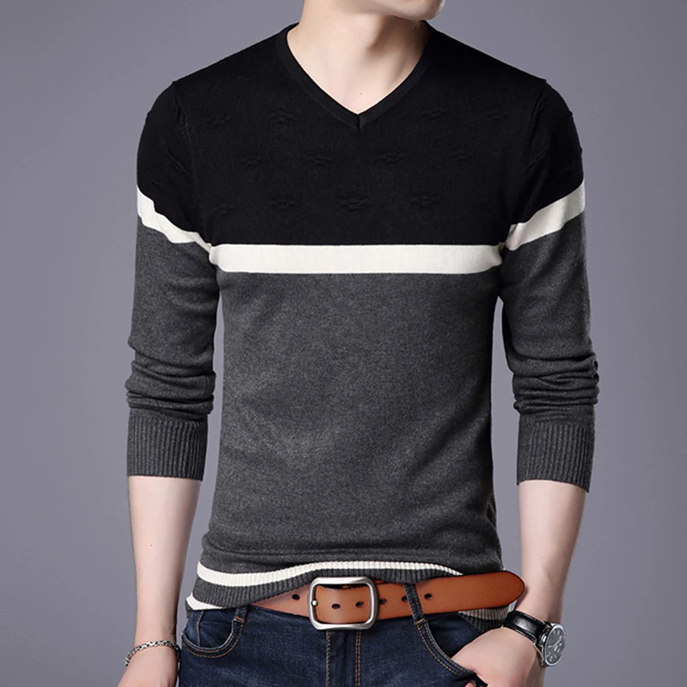 Warm V Neck Pullover  Knitted Jumper for Men  Striped Sweater  Slim Fit Knit Top  Red Gray  Suitable for Holiday Daily