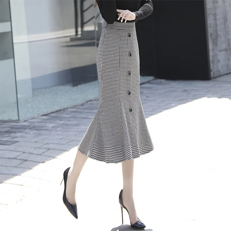 Thousand-bird plaid fishtail skirt high waist hip half-body single-breasted skirt women